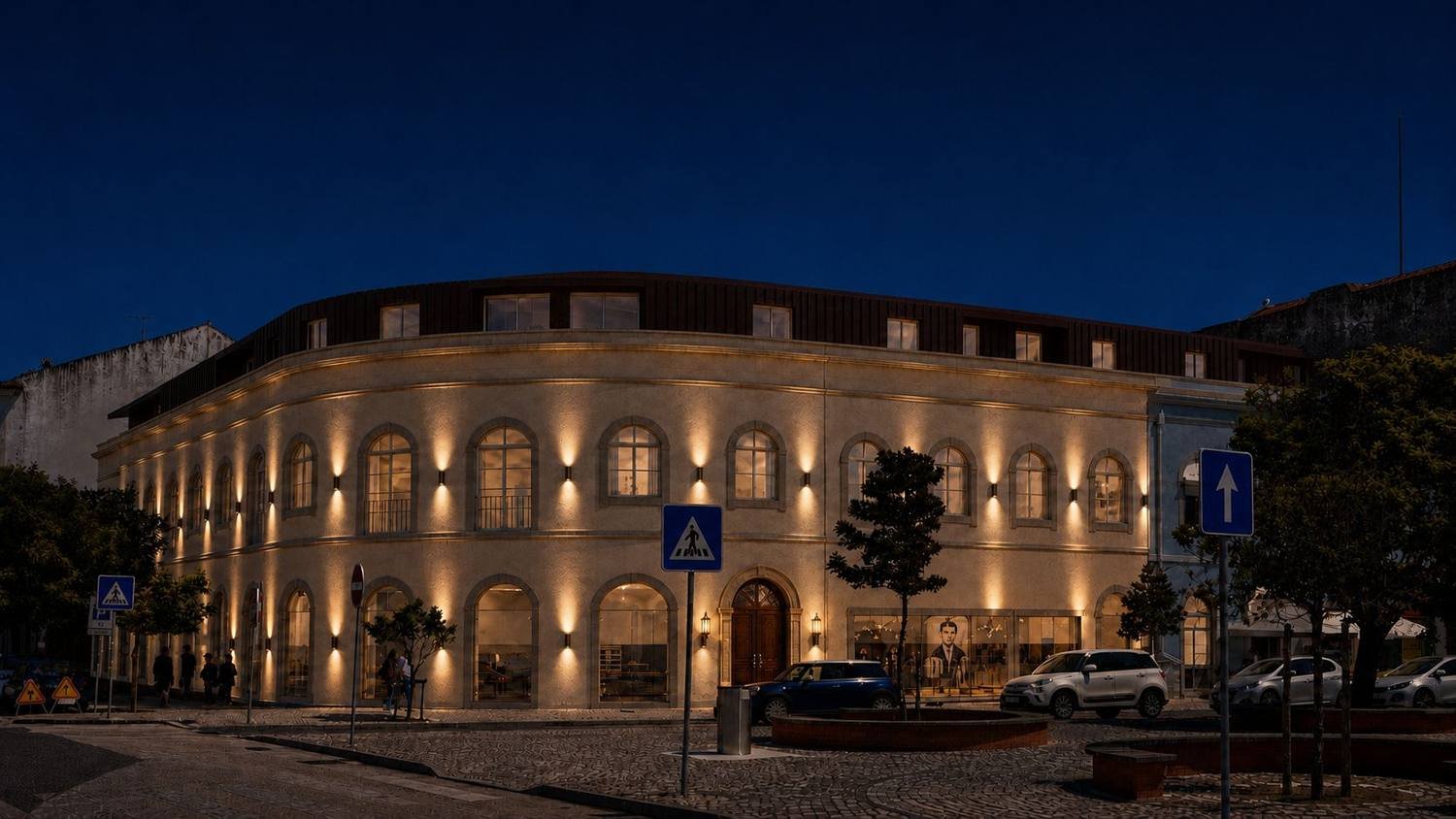 Façade lit at night