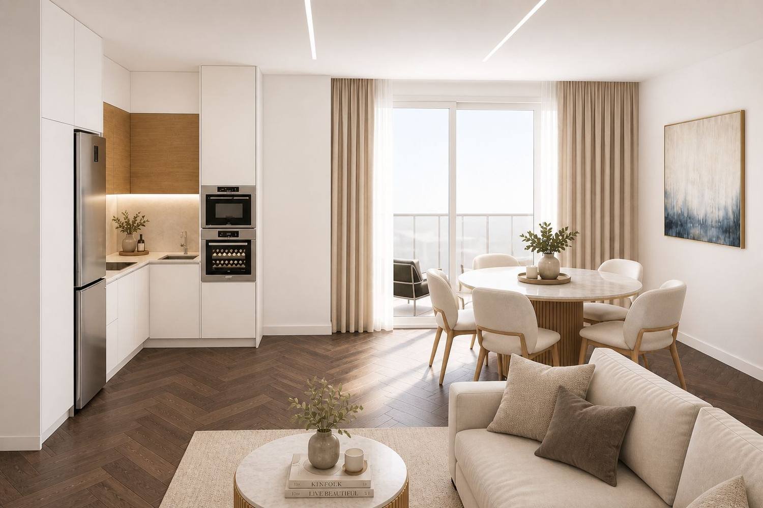 Kitchen, dining and balcony